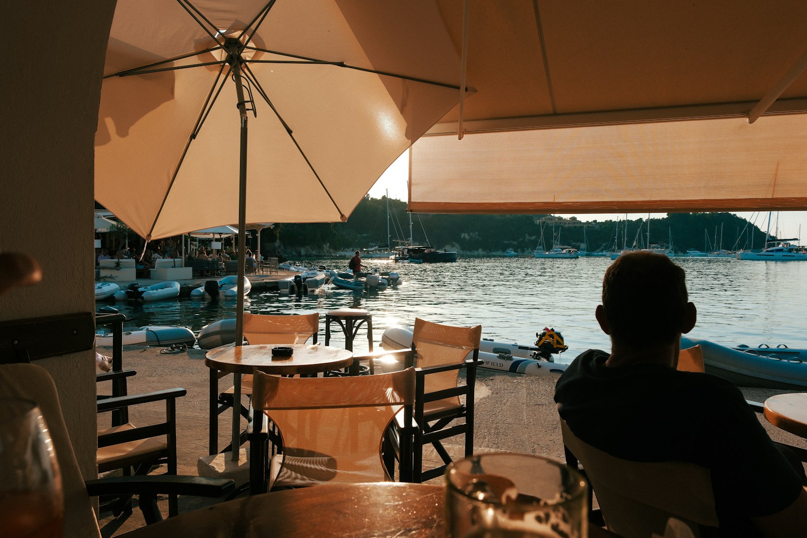 A peaceful harbor view from a restaurant.